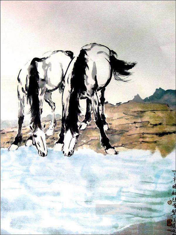Xu Beihong horses drink water old China ink Oil Paintings